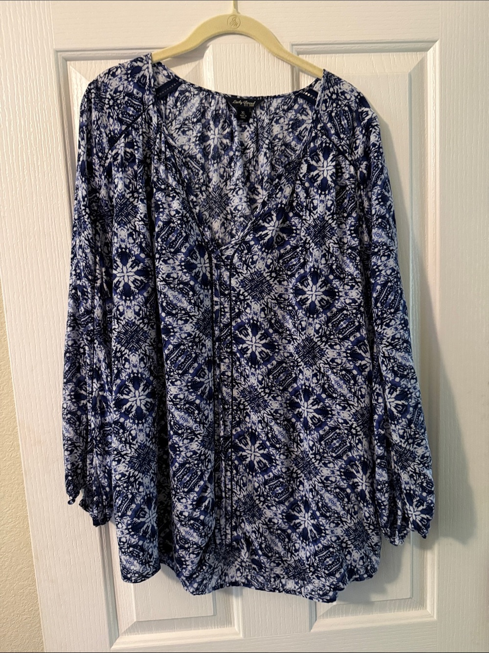Lucky Brand Navy and White Geometric Peasant Tunic